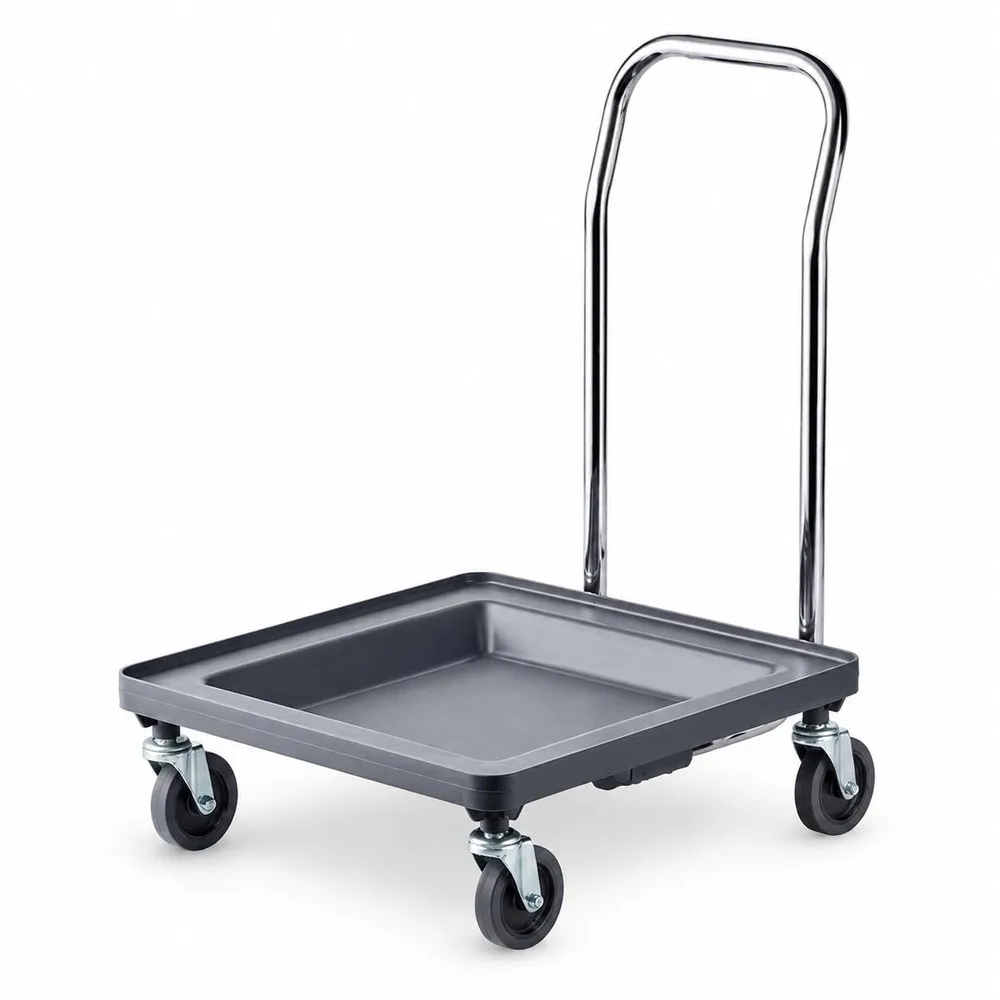 Gray Dish Rack Dolly with 31 Inch Handle Polypropylene Construction 21x21x7.5 Inches Base 38.5 Inches with Handle 132 lb