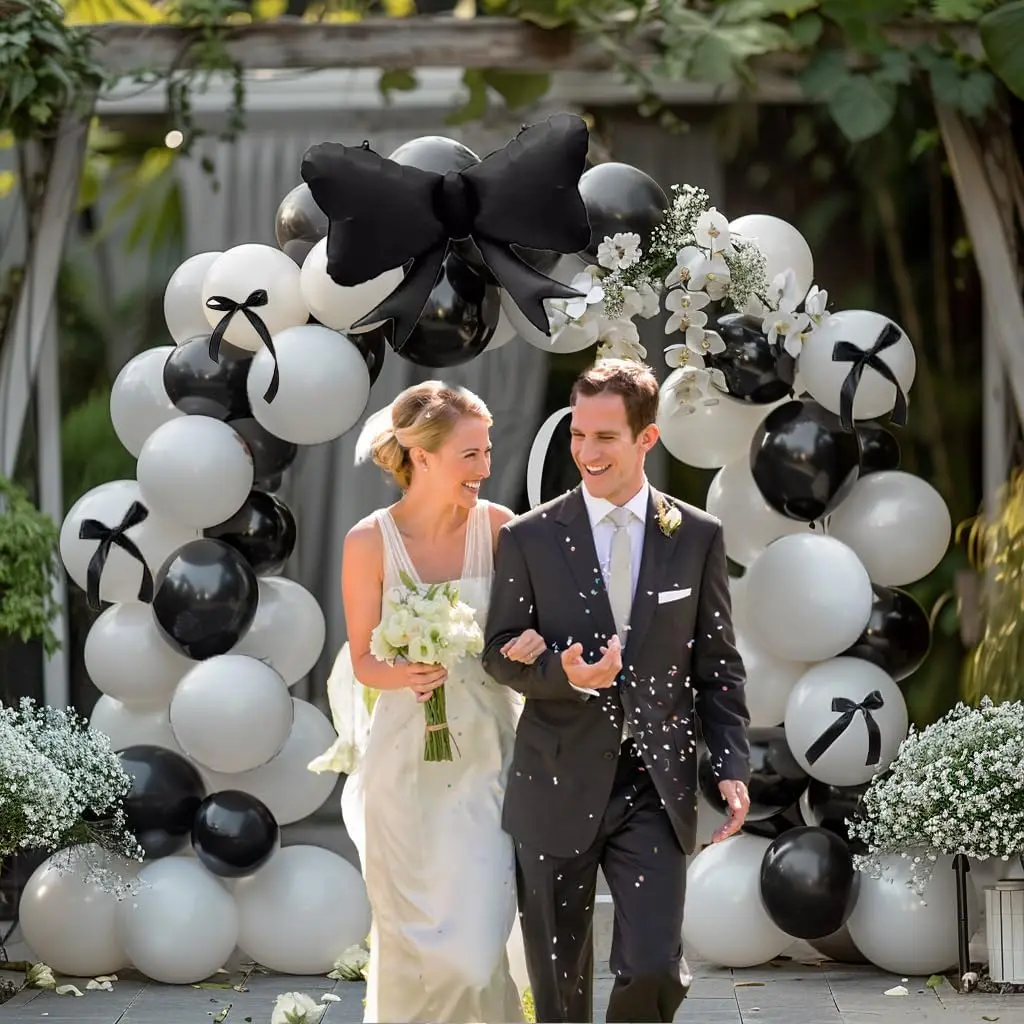 122 Stück schwarze Schleife Geburtstagsparty-Dekorationen mit perlweißen Luftballons für Mädchen, Kokette, Geburtstag, Hochzeit, Brautparty-Dekoration – Detail 5