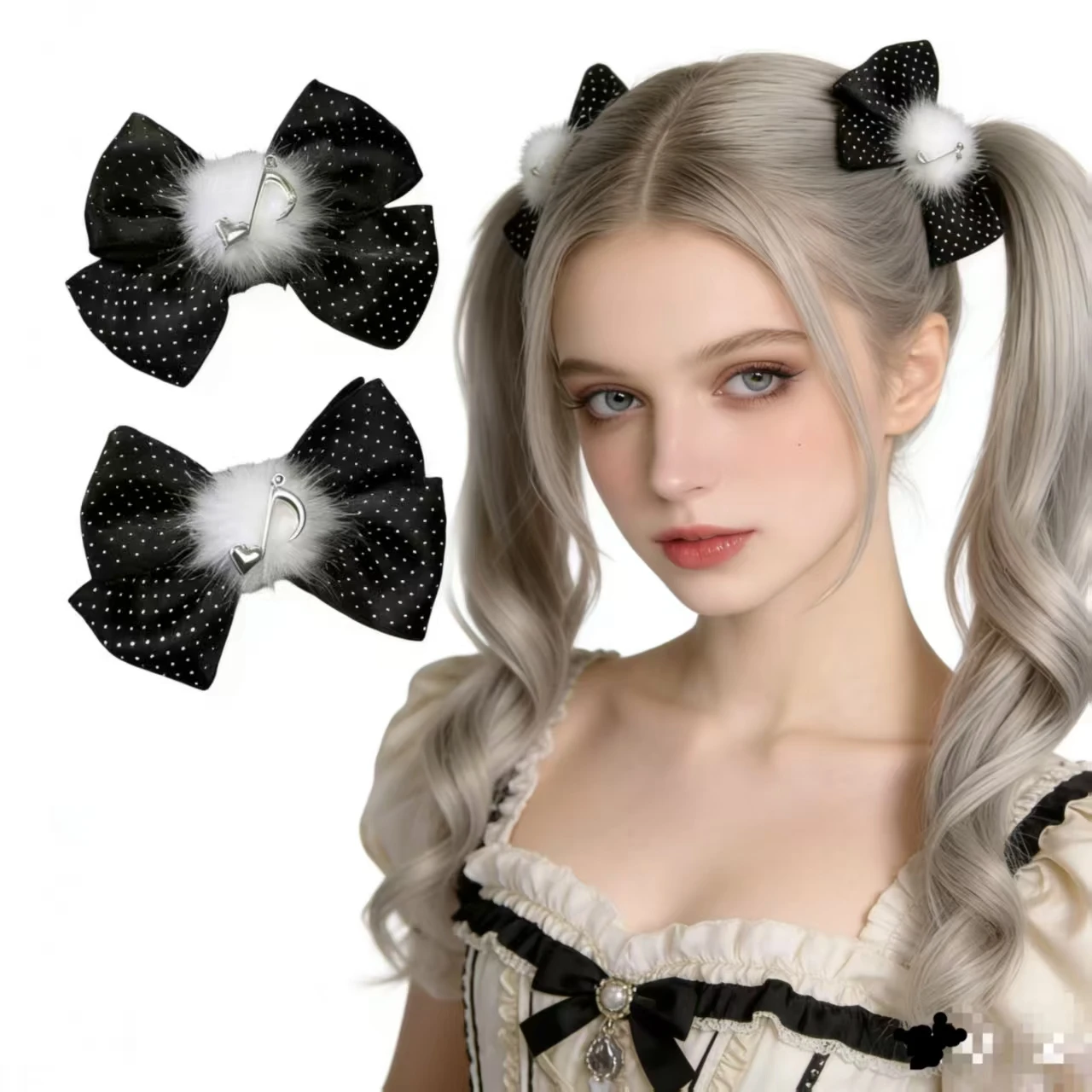 Black White Polka Dot Musical Note Hair Clip - Handmade Side Hairpin with Bow for Girls, Double Ponytail Accessory