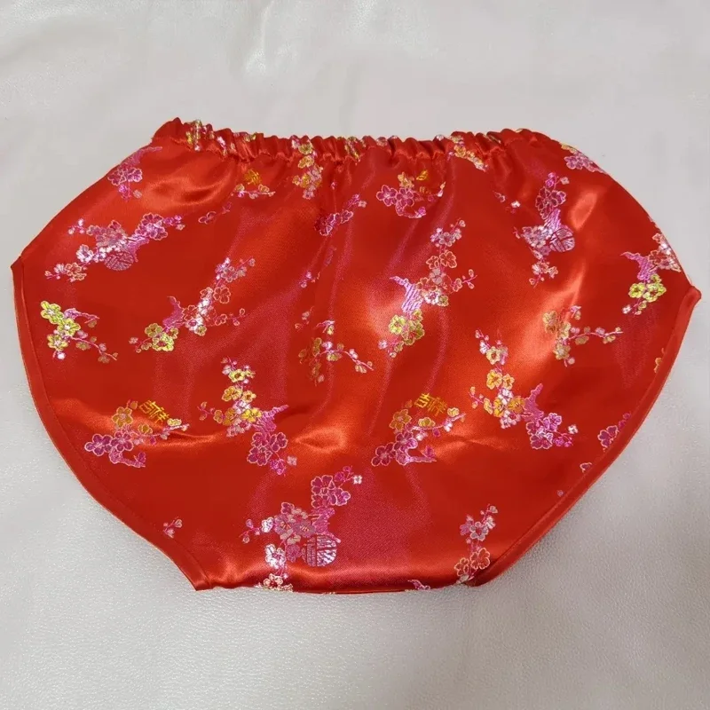 Man Handmade No Elastic Glossy Satin Lingerie Panties Floral Embroidery Soft Silky Touch Briefs Sissy Private Party Costumes