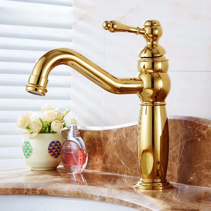 Antique titanium plated gold faucet all copper cold hot gold plated single handle single hole rotatable faucet washbasin faucet