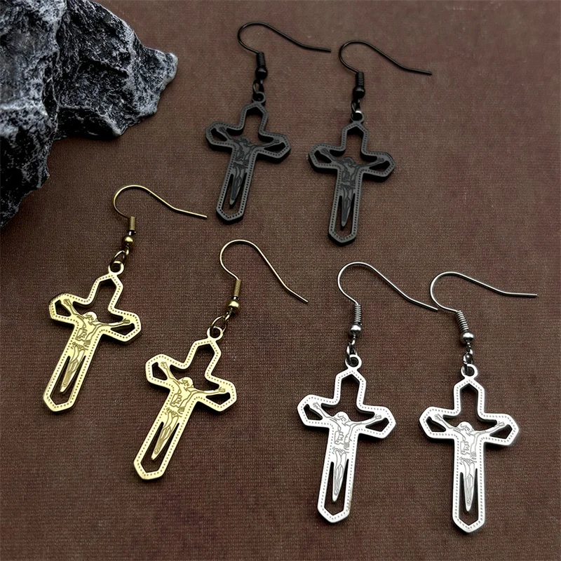 Vintage Crucifix Jesus Christian Drop Earrings for Women Men Stainless Steel Gold Color Cross Dangle Earrings Jewelry Gift