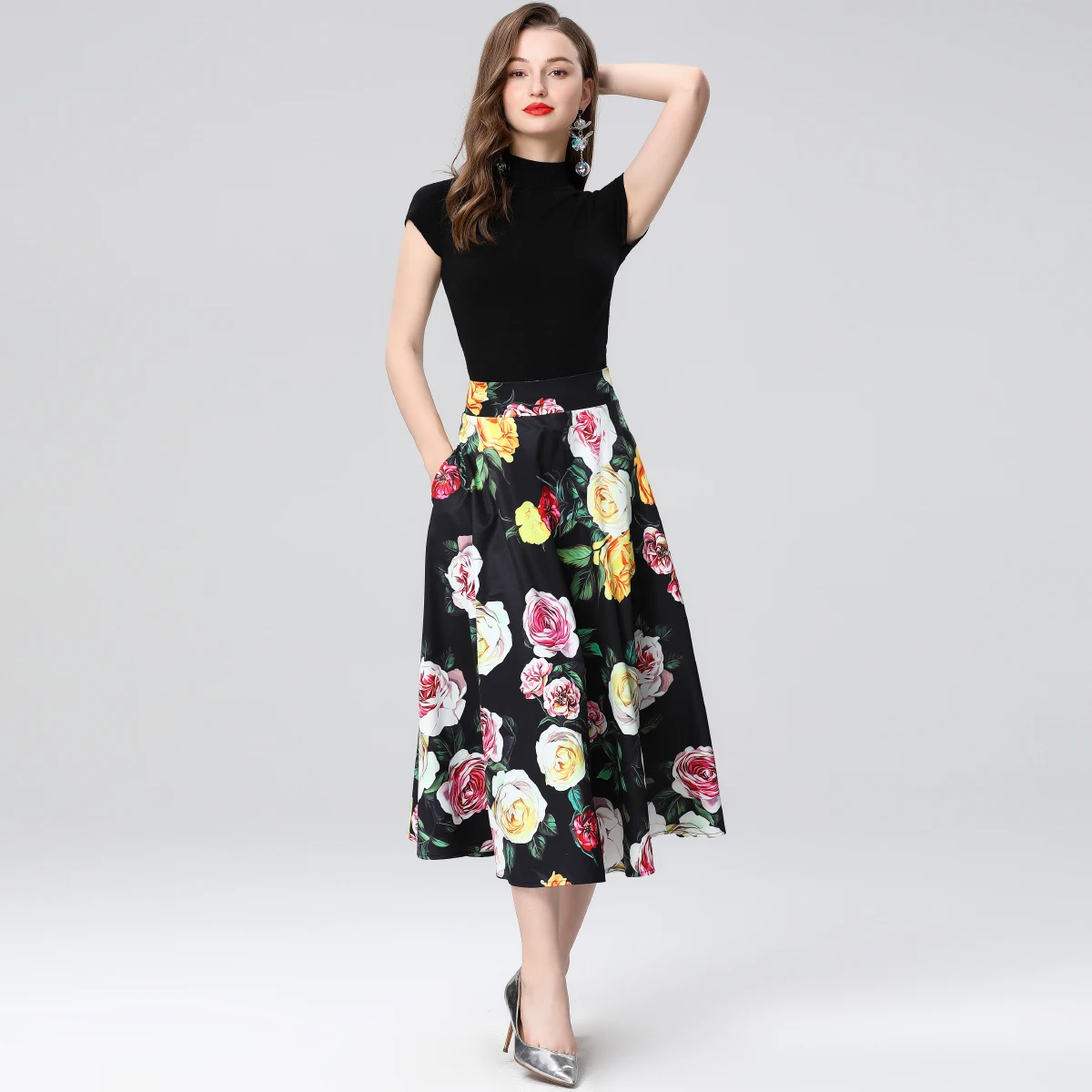 

Spring Summer Fashion Short Sleeve Knitted Sweater Pullover Top+High Waist Pleated Flower Print Midi Skirt 2 Piece Set For Women
