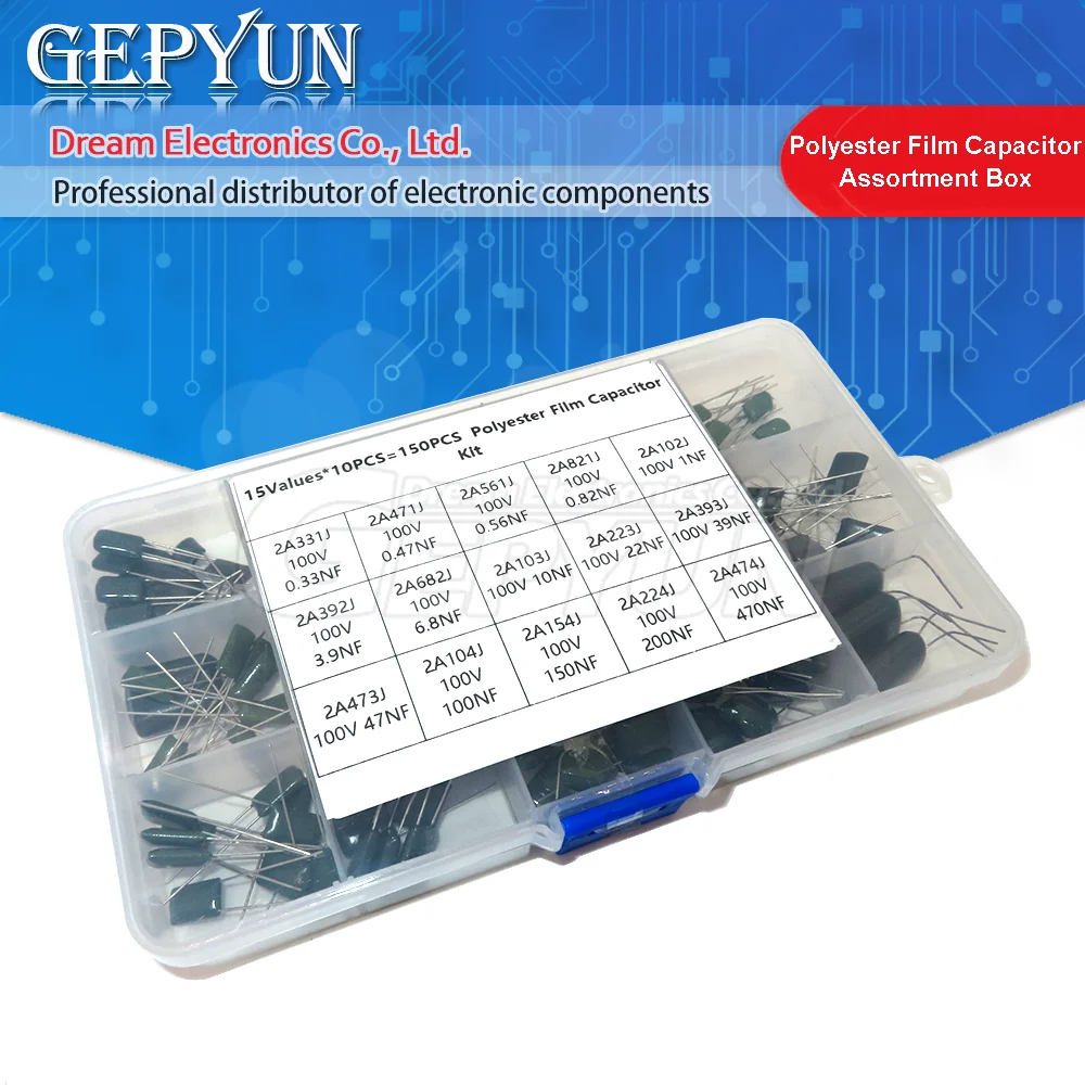 

150Pcs 15Values Polyester Film Capacitor Assortment Box Kit 0.33NF 2A331J 470NF 2A474J 2A821J 2A102J 2A393J 2A474J