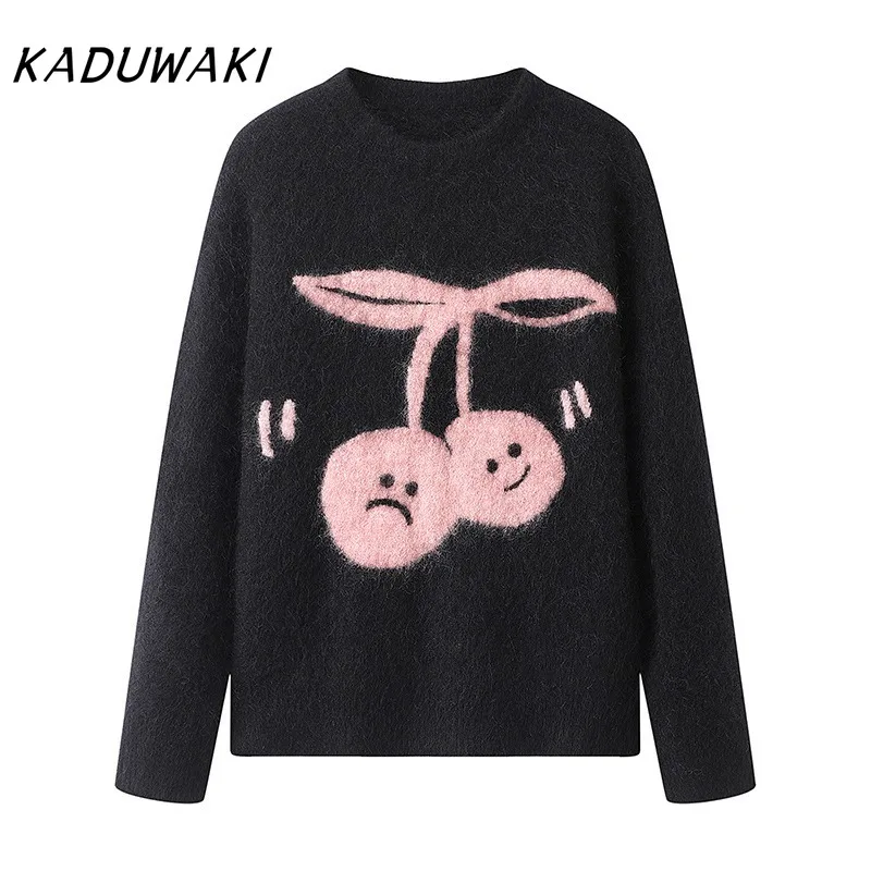 KADUWAKI Fall/Winter Women's Round Neck Long Sleeve Printed Pullover Sweater Fashion Retro Mood Dynamic Cherry Jacquard Sweater