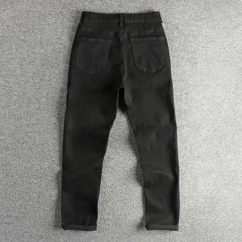 Spring Summer Trendy Ripped Jeans for Men, Pure Black, Simple Fit, Slim Straight, Versatile Youth Long Pants