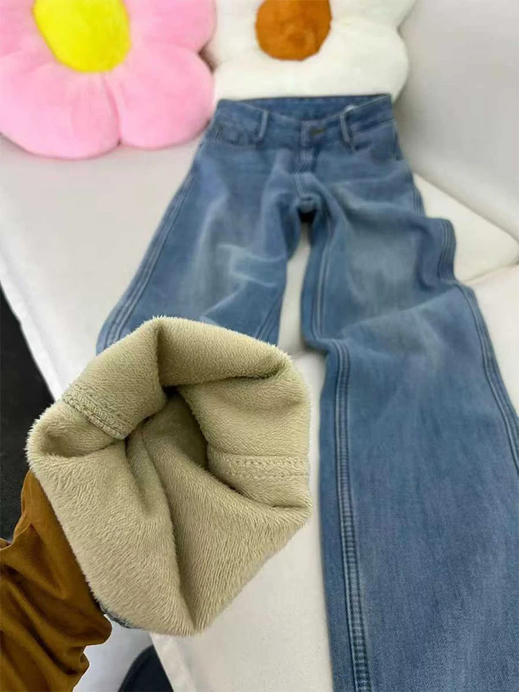 Women's Blue Plush Thicken Denim Pants Winter Oversized High Waist Straight Trousers Lady Fleece Warm Wide Leg Jeans