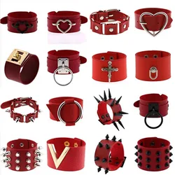 Boho Spike Rivets Bracelets For Women Punk Goth Red PU Leather Bracelet Cuff Bangles Studded Halloween Festival Jewelry Harajuku