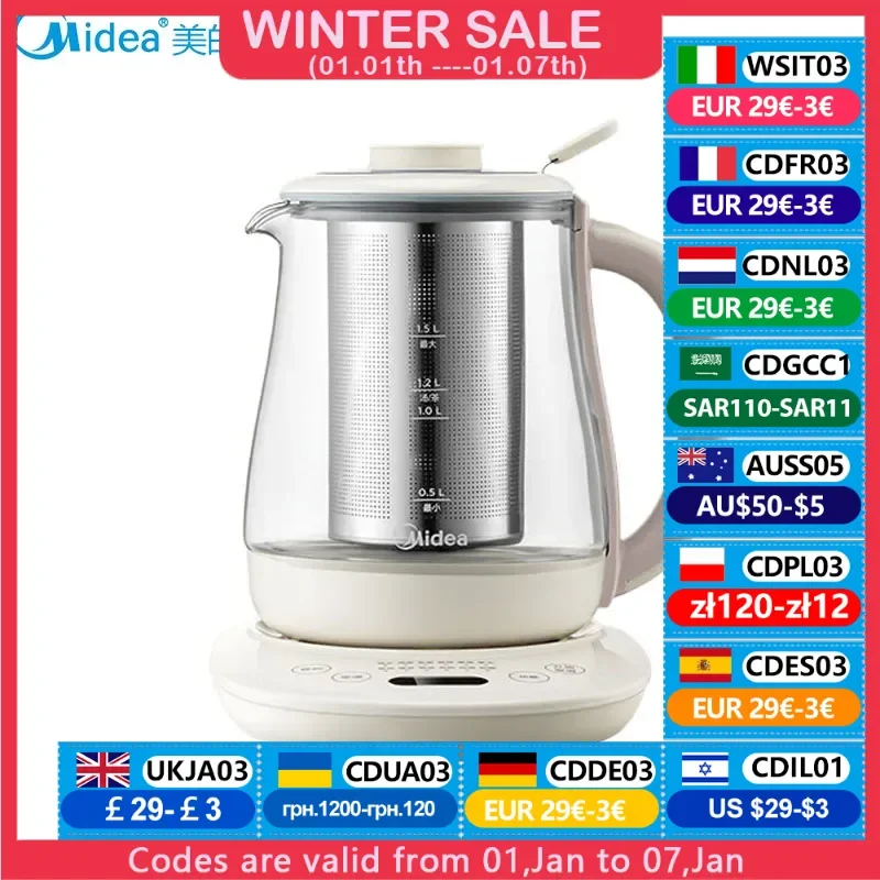 Midea 800W Thermal Insulation Electric Kettle Home Portable Samovar With Tea Filter 1.5L Glass Health Preserving Pot 24H Timing