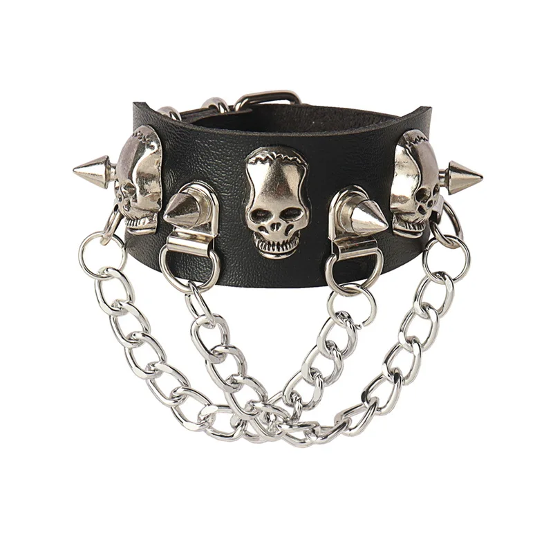 Gothic Punk Skull Rock and roll Individuality Dark Hip hop Rivet Tassel Chain Leather Cortex Couple Wristband Bracelet