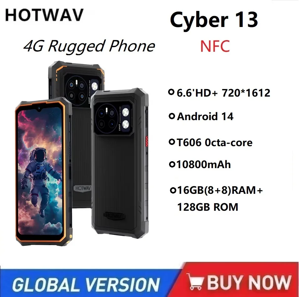 HOTWAV Cyber 13 Rugged Phone 150LM Flashlight 8GB 128GB Smartphone Android 14,6.6'' HD+ 10800mAh 64MP Cellphone Mobile Phones