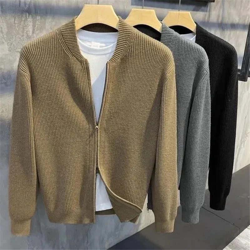 

Men's Clothing 2023 Autumn Winter Double Zipper Slim Solid Color Sweater Coat Men Korean Baseball Collar Cardigan Sweater Trend