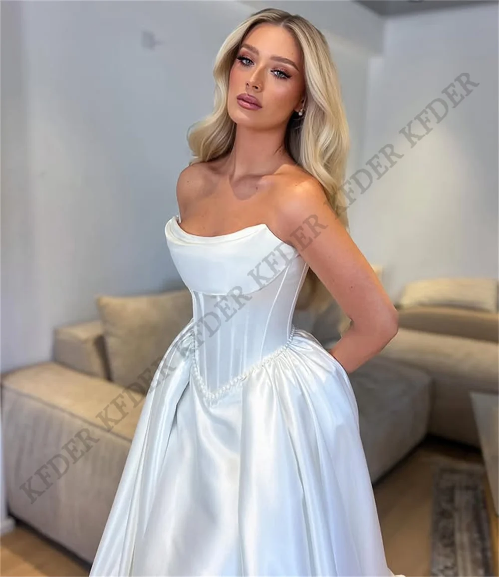 Custom Off The Shoulder Satin Wedding Dress Pearls Draped A Line Bridal Dresses Long Vestidos De Novia Wedding Gown