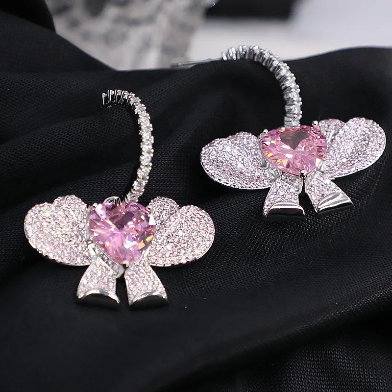 

Bilincolor Black Card Heavy Industry Fashion New Micro-set Zircon Pink Peach Heart Bow Earrings for Women