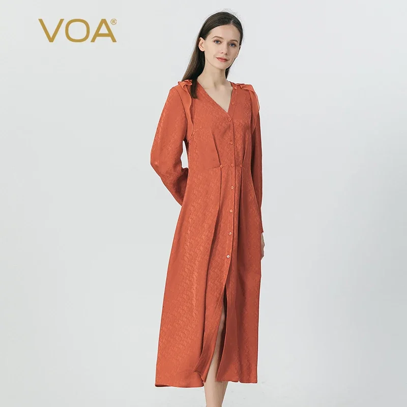 

VOA Rust Red 22 Momme Jacquard Mulberry Silk V-neck Dresses Women Long Sleeve Single Breasted Silk Shirt Dress Vintage AE1711