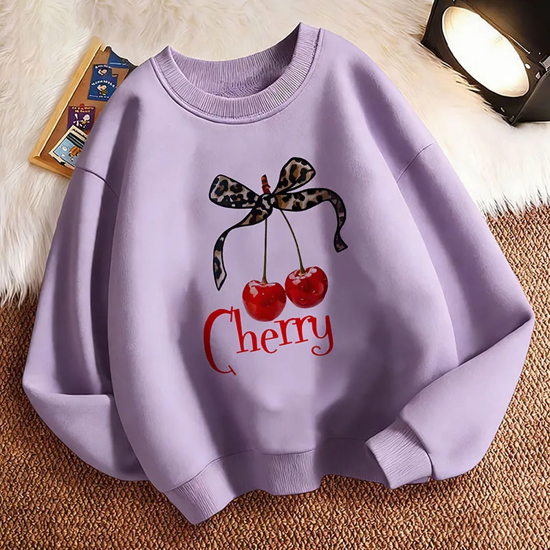 Modischer Leoparden-Schleifenkragen mit Kirschdruck Kinder-Hoodie Sweatshirt Y2k Kapuzenpullover Mädchen Frühling Lässige Hoodies Rundhals-Kinder-Hoodie
