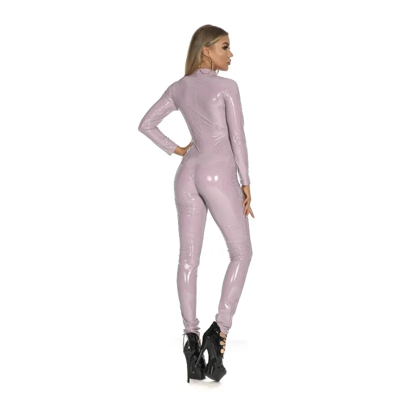 

Shiny Pink High Neck Slim Fit Women's Catsuit Faux Leather Zentai Jumpsuit Sexy Bondage Footed Cosplay Costume for Parties S-5XL