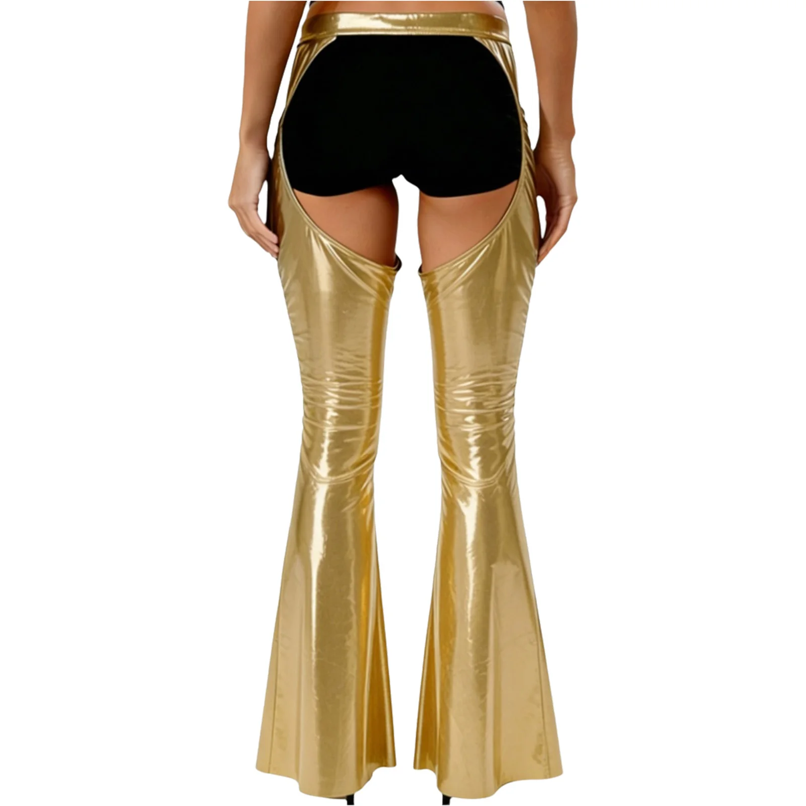 Womens Open Crotch Metallic Shiny Chaps Flared Pants Elastic Waistband Bell-Bottom Trousers for Club Party Stage Performance