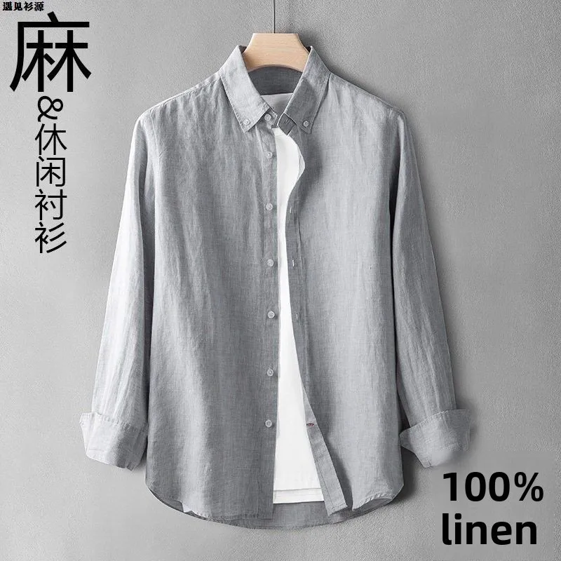 

Men's Long Sve Linen Cotton irt Casual Loose Thin Sle Spring Autumn Pure Color Faionable Top Quali Chinese Brand