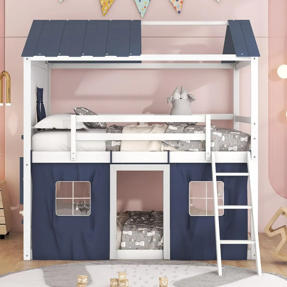 House Full Loft Bunk Bed with Tent,Kids Loft Bed with Ladders,Guardrail,Windows & Roof,Wood Full Over Full Playhouse Bunk Bed