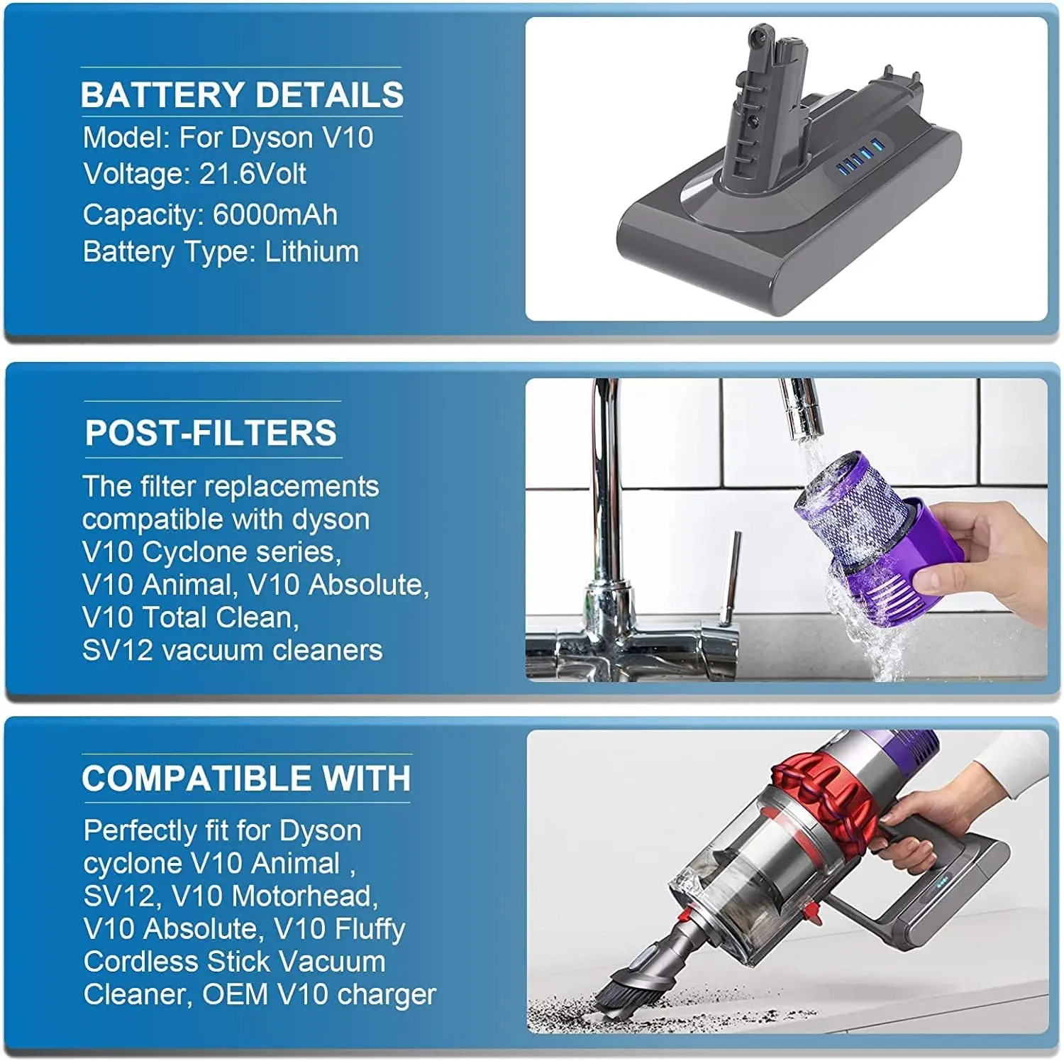 SV12 10000mAh Replacement battery for Dyson V10 battery V10 Absolute ,V10 Fluffy , cyclone V10 Battery