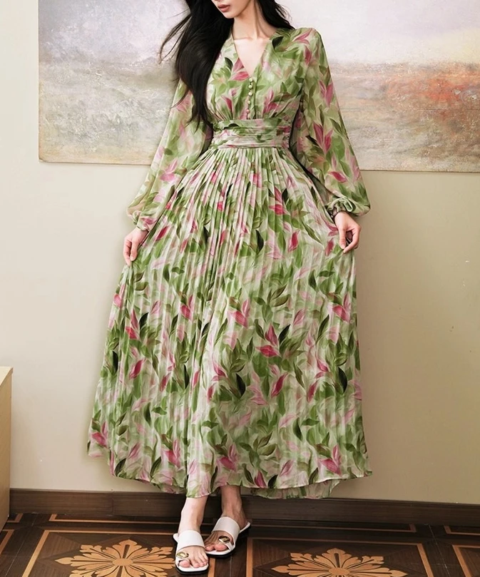 

Элегантное женское платье с зеленым принтом и v-образным вырезом, с длинным рукавом, осень-весна, винтажное макси-платье, облегающее тканевое платье с высокой талией
