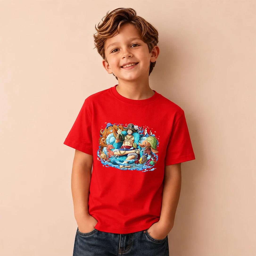 Kids T‑Shirt One Piece Monkey D Luffy Ocean Sea Creatures Print Short Sleeve Casual Tops Boys Girls Anime Children Daily Wear Te