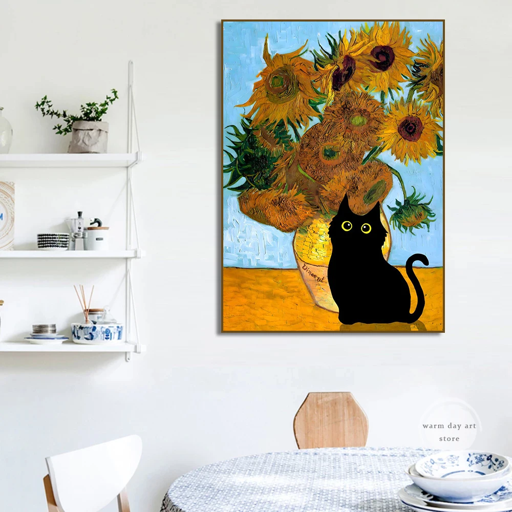 Funny Black Cat Knocking Van Gogh Sunflower Lotus Flower Posters Canvas Painting Nordic Wall Art for Living Room Home Decoration