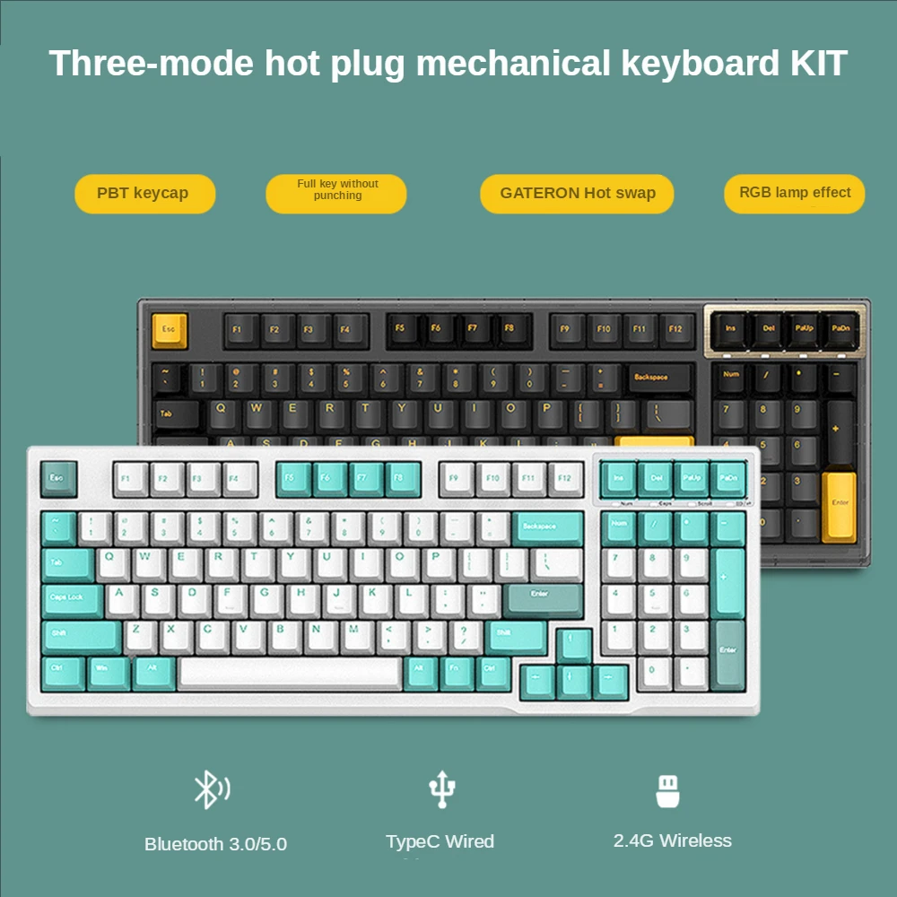 RX980 RGB 3 Mode Gaming Mechanical Keyboard Kit with GATERON PBT Sublimasi Keycap Hot Swap 2.4G BT Wireless Keyboard