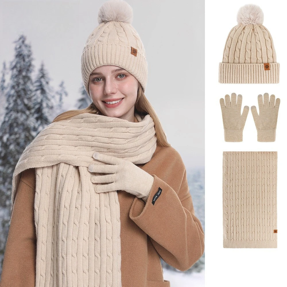 Women Winter Knit Hat Scarf Gloves Set 3 Piece Warm Ear Cover Beanie for Cycling Travel and Outdoor Wear