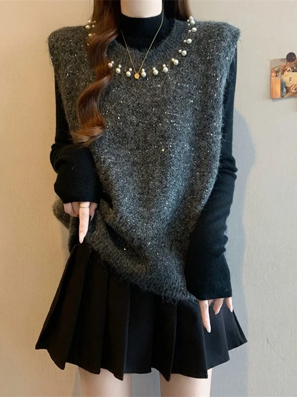 Elegant Beaded Shiny Knitted Vest Women's Early Spring New Style plus Size MM Cashmere Layering Top Pearl Decorated U-Neckline