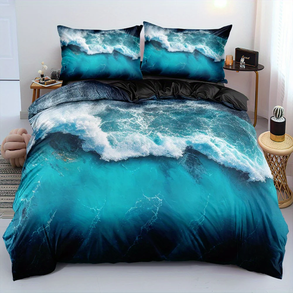 2/3pcs 3D Blue Wave Print Duvet Cover Set Black Background Ocean Wave Element Bedding Set (size 135x200 only 1 pillowcase)
