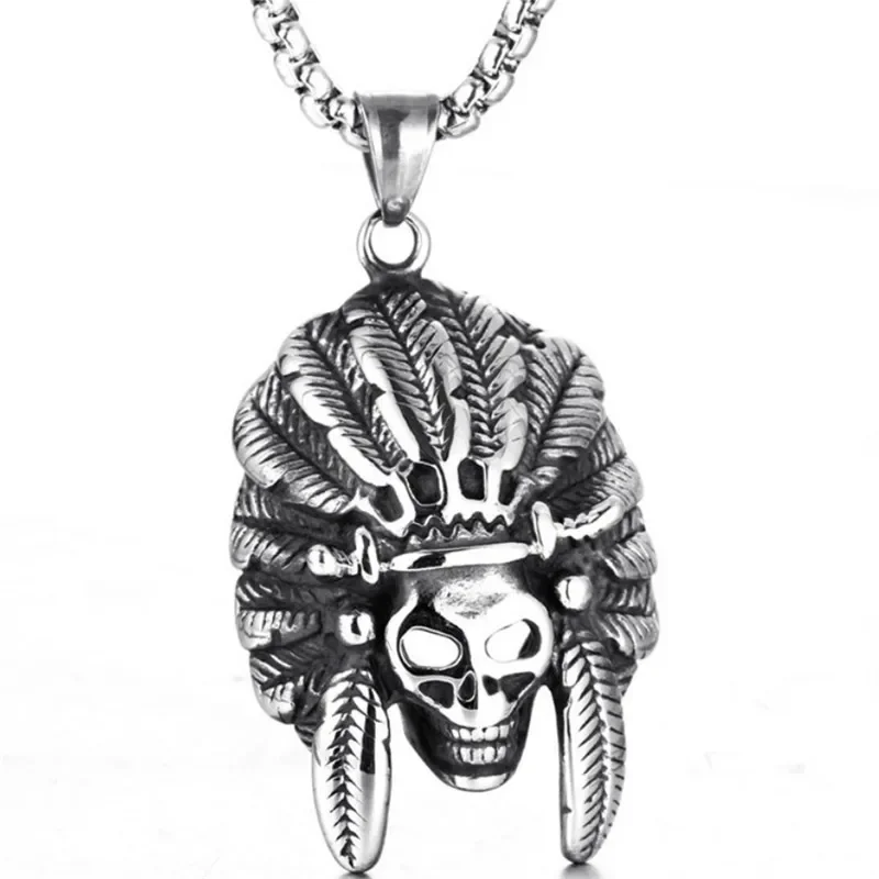 Man's Punk 316L Stainless Steel Cool Tattoo Style Skeleton Native Nation Pendant Necklaces For Men Jewelry