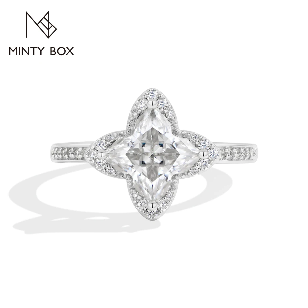 MINTYBOX Clover Cut 2CT Moissanite Rings Pave Halo Band S925 Silver Dainty Engagement Wedding Jewelry Anniversary Gift for Women
