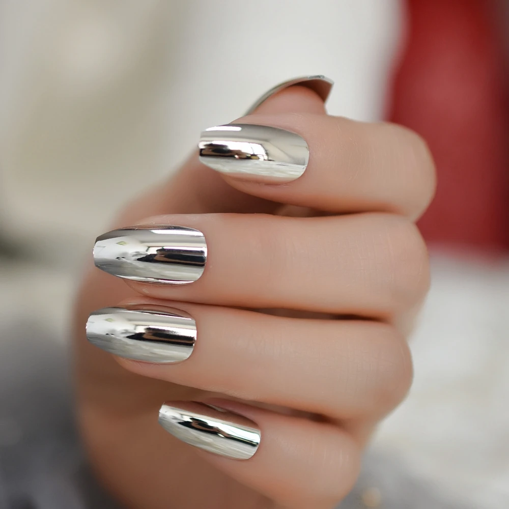 Coffin Shiny Punk Metallic Silvery White Ballerina False Fake Nails Metal Plating Reflective Mirror Press on Finger Nail Tips