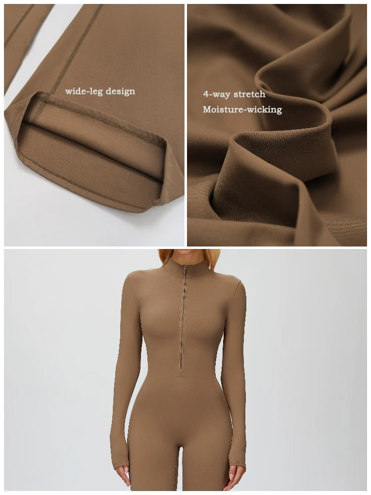 VITALINOVO Damen-Overall mit langen Ärmeln, Flare-Workout-Overall, Reißverschluss, Strampler, Hose, weites Bein, Ganzkörper-Body, figurbetont, einteilig – Detail 3