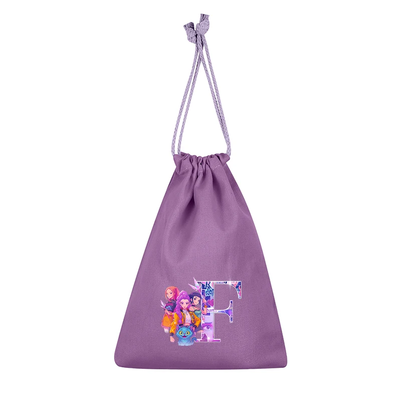 KPop 악마 사냥 시리즈 Drawstring 가방 보라색 문자 A-Z 여성 방진 메이크업 가방 귀여운 캔디 스낵 파우치 생일 선물