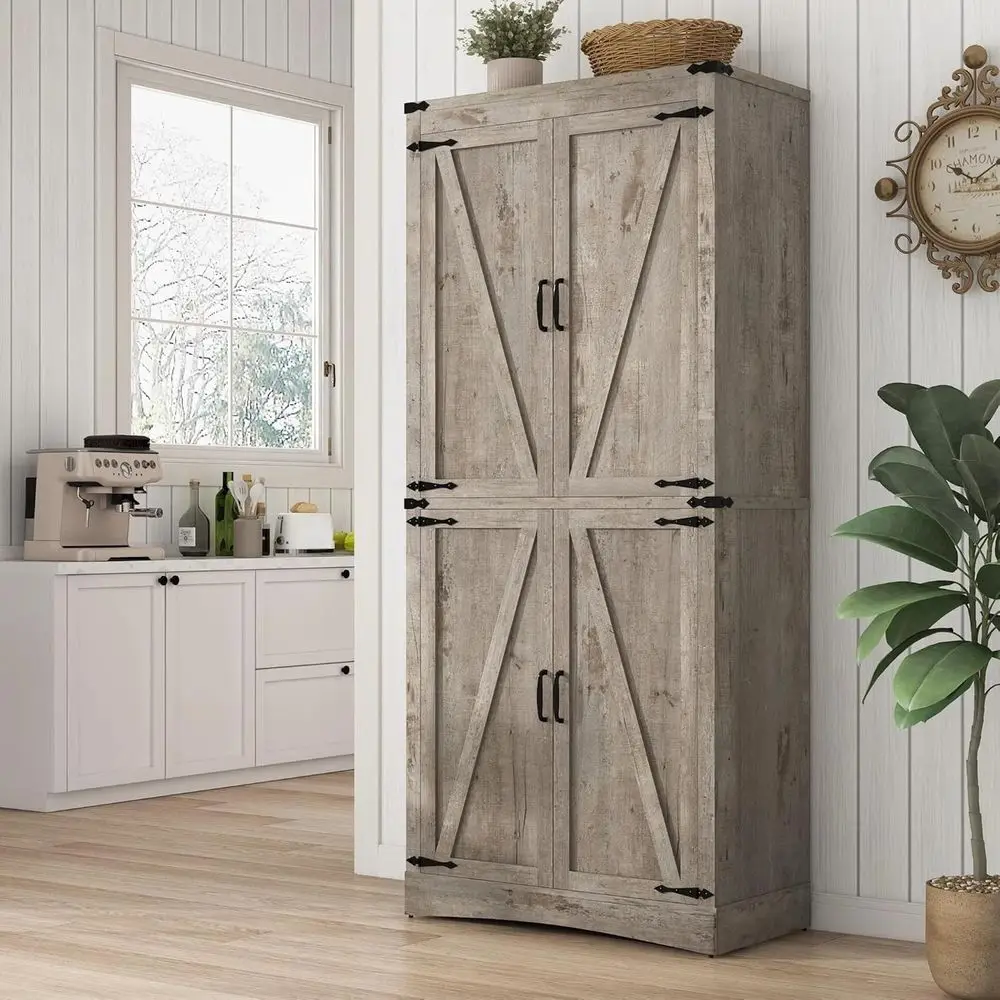 71in armhouse Kitchen Pantry Cabinet,Tall Storage Cabinet with 4 Doand Adjustable shelves,with Load-Bearing Steel Pipe,Wood Stor