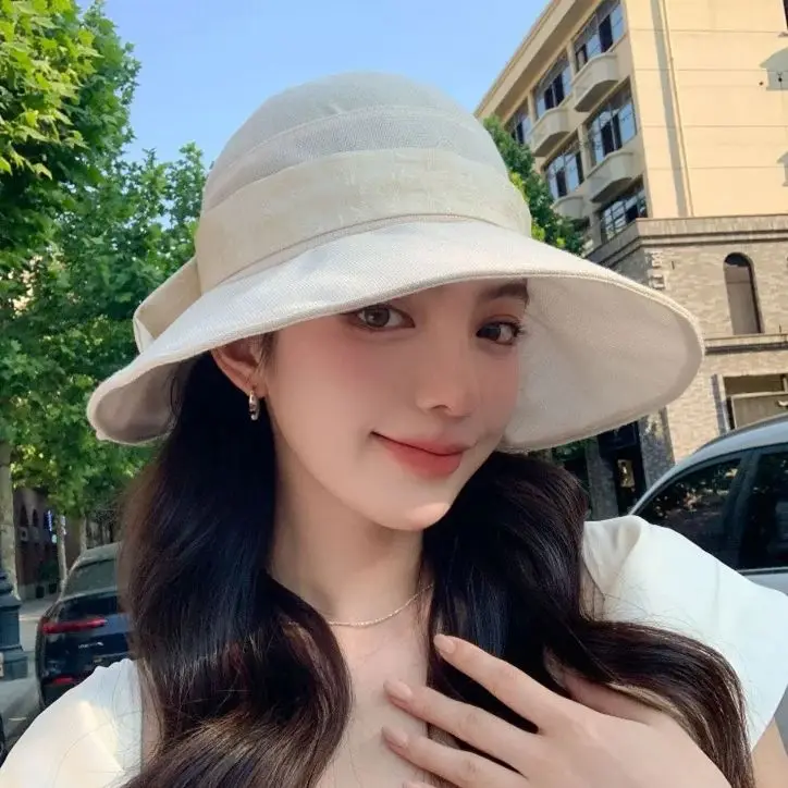 Linen Fisherman's Hat Women's Light Luxury Elegant Bow Sunscreen Hat Korean Summer Sun Hat