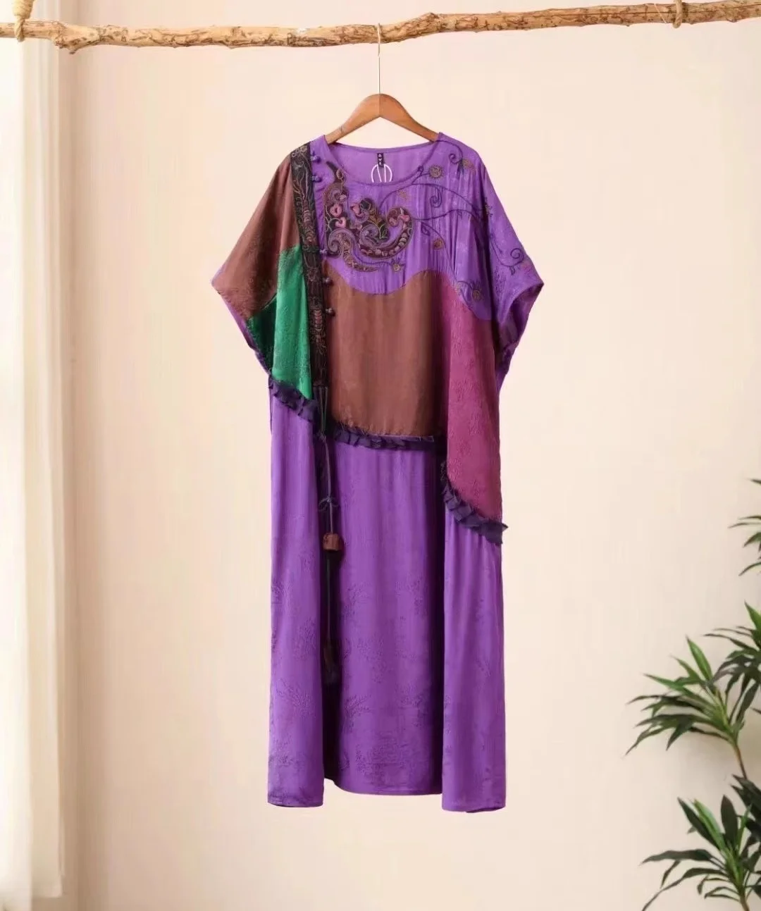 Luxury womens clothes Purple Jacquard natural silk O-Neck Patchwork embroidery dresses loose Short sleeve summer dresses