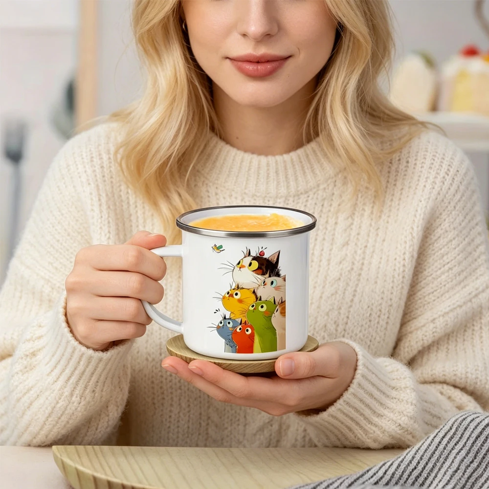 Double-sided Cat Enameled Coffee Mug - White Stainless Steel Travel Mug with Multiple Cat Designs, Perfect Gift for Cat Lovers,