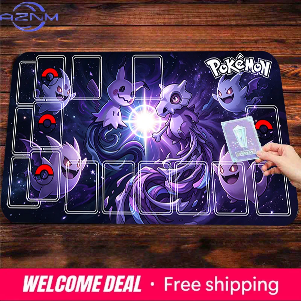 This is a promotional image for a Pokémon-themed mouse pad/desk mat, showcasing its design, sizes, and thickness parameters. The