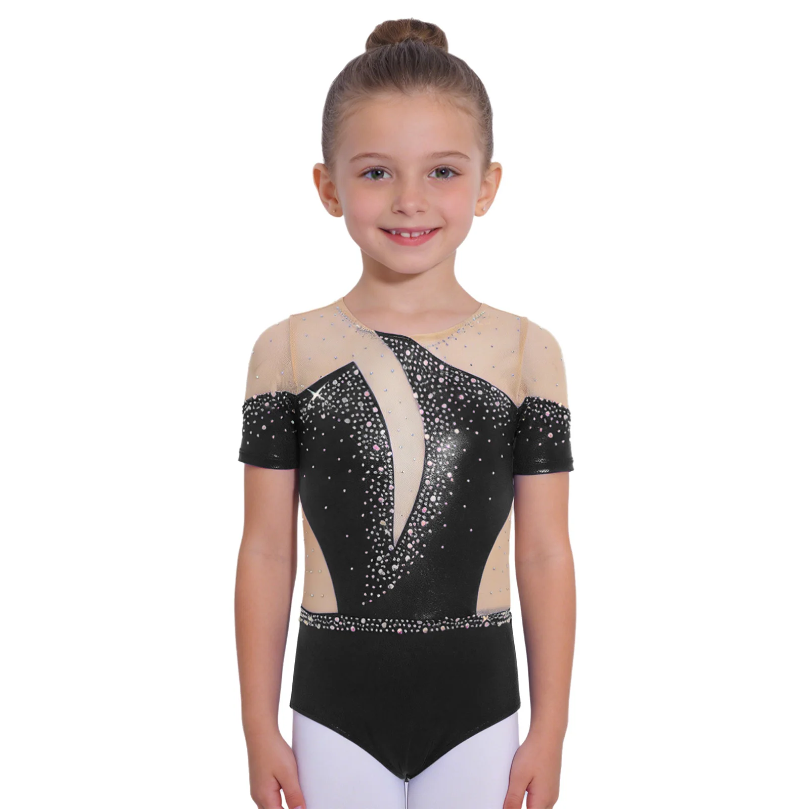 Kids Ballet Leotard Short Sleeve Cutout Back Body Suit Shiny Rhinestones Gymnastics Dance Sport Clothes Figure Skating Dancewear