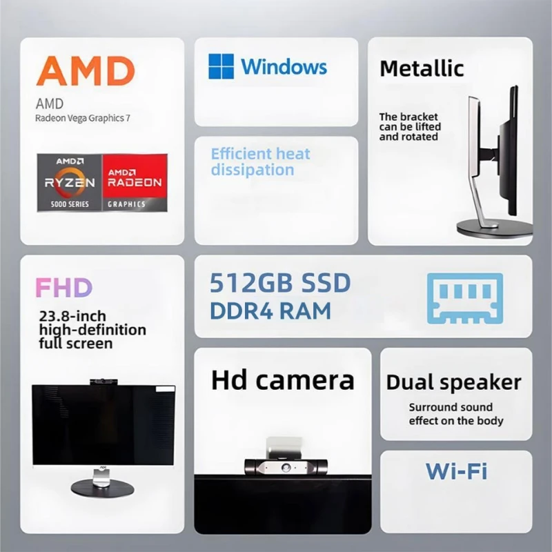 Computador multifuncional AOC 23,8 polegadas AMD 5600G 16G 512G Ajuste para jogos de mesa AIO Home Office Game Computador Desktops rsi