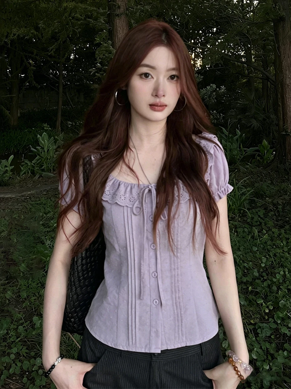 

Purple Lace Trim Short Sleeve Bubble Sleeve Shirt Women's Early Summer Slimming Korean Style Top Waist Cinched Frock Blouse