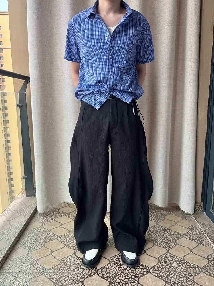 Royal blue plaid shirt drawstring short sleeved shirt versatile short sleeved shirt Men's clothing
