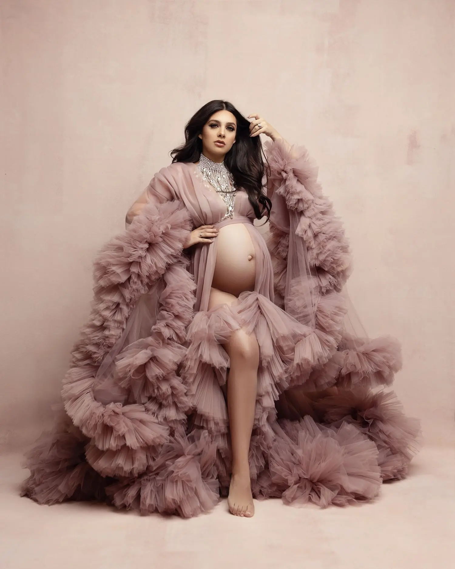 Maternity Dresses for PhotoShoot Gown Ruffled Tiered Customized Pregnant Women Tulle Robe Prom Party Bridal Sleepwear Nightwear