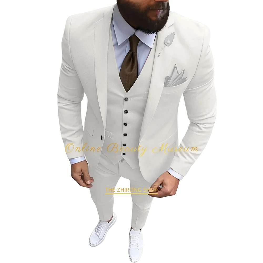 Men\'s classic solid color 3-piece suit (jacket + vest + trousers) Beige single button groom formal business tuxedo, HANDMADE