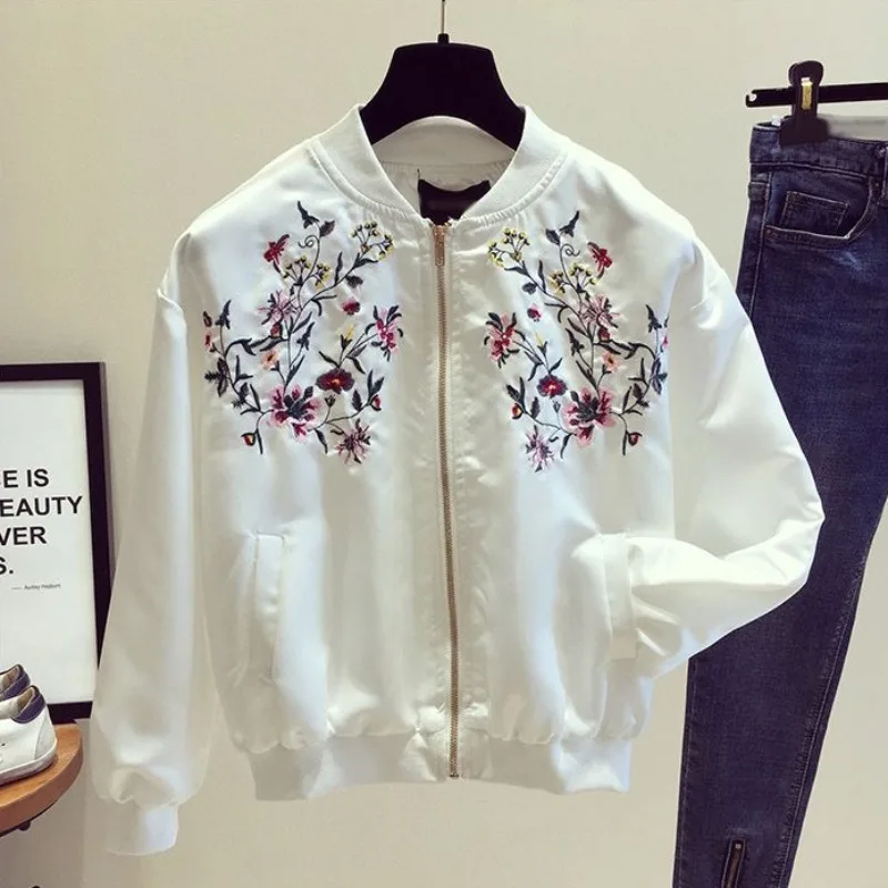 Women's Bomber Jackets Female Spring Autumn Embroidered White Baseball Aviator Coats Loose 2025 Trend New in Outerwears Modern view 5