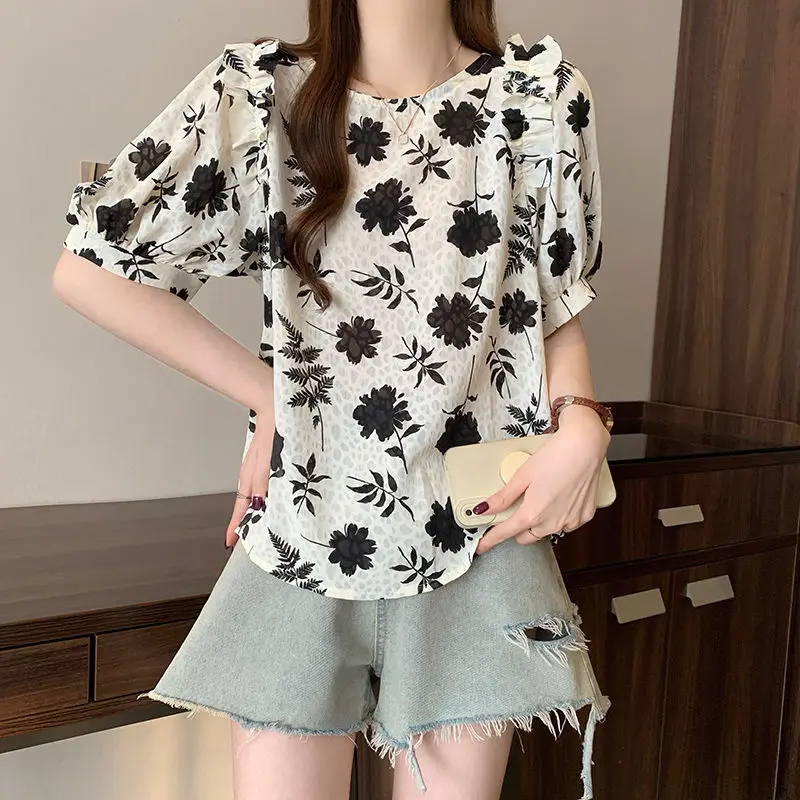 Fashionable Folds Spliced Blouse Summer Vintage Floral Printed Women's Clothing Loose O-Neck Casual Backless Drawstring Shirts